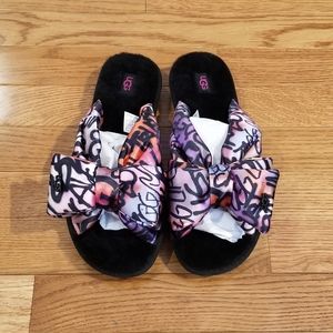 UGG Lushette Pop Graffiti Puffer Multi Satin Bow Slipper 8